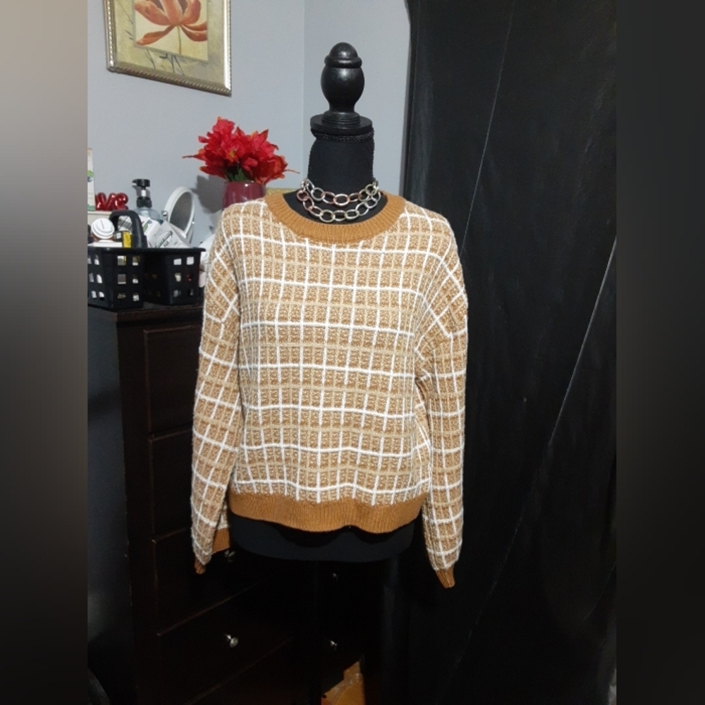 Shein Women's Acrylic Sweater Long Sleeve Camel Tan Stripe Window Design Size L